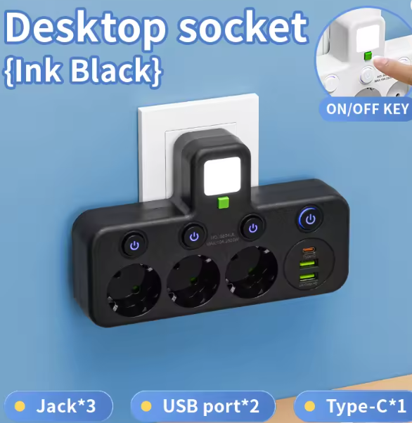 Regleta de pared, enchufe europeo, sin cable, 2 puertos USB, 1 tipo C, alimentación máxima de 2500W