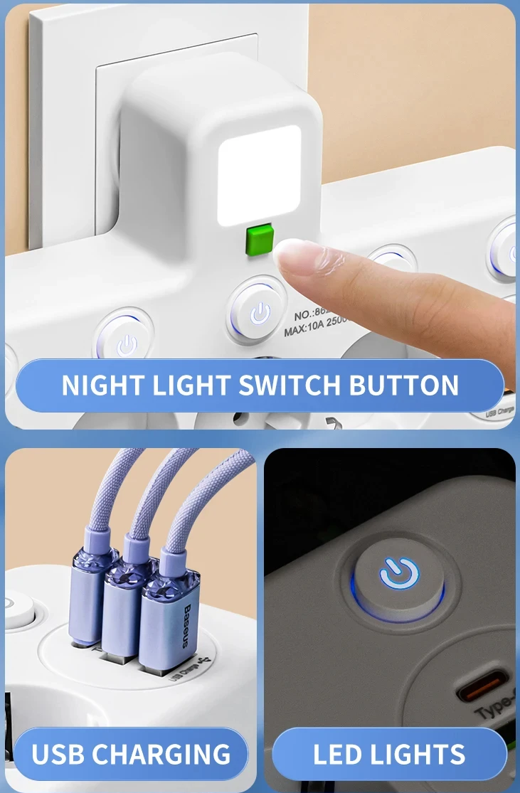 Regleta de pared, enchufe europeo, sin cable, 2 puertos USB, 1 tipo C, alimentación máxima de 2500W