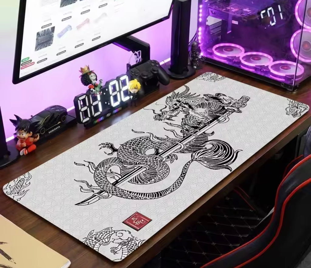 Alfombrilla XXL estilo de dragón asiático, blanco y negro