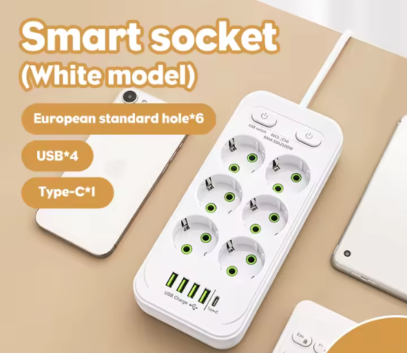 Regleta de pared, enchufe europeo, sin cable, 2 puertos USB, 1 tipo C, alimentación máxima de 2500W