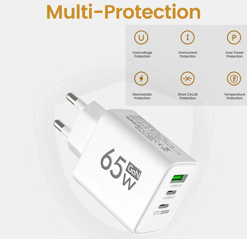 Enchufe USB 3 puertos, 65W, 2 puertos USB-C, 1 USB-A, múltiple carga simultanea, carga rápida