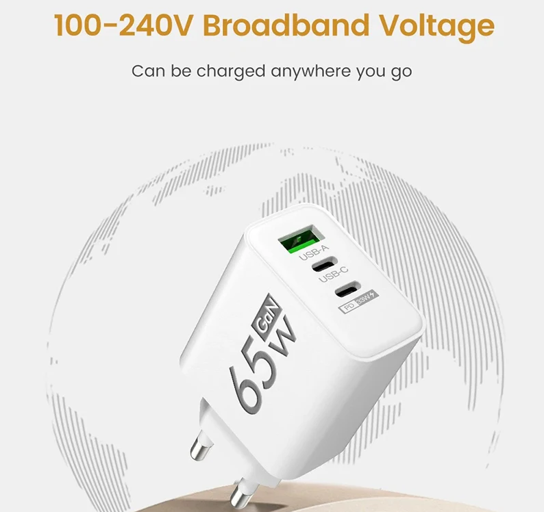 Enchufe USB 3 puertos, 65W, 2 puertos USB-C, 1 USB-A, múltiple carga simultanea, carga rápida