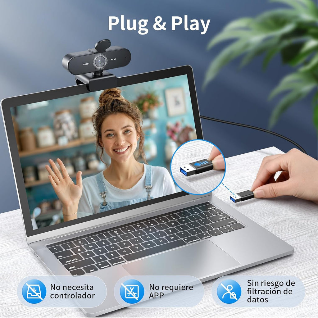 Webcam 4K con 2 micrófonos, cancelación de ruido, cámara Ultra HD 73°, PDAF
