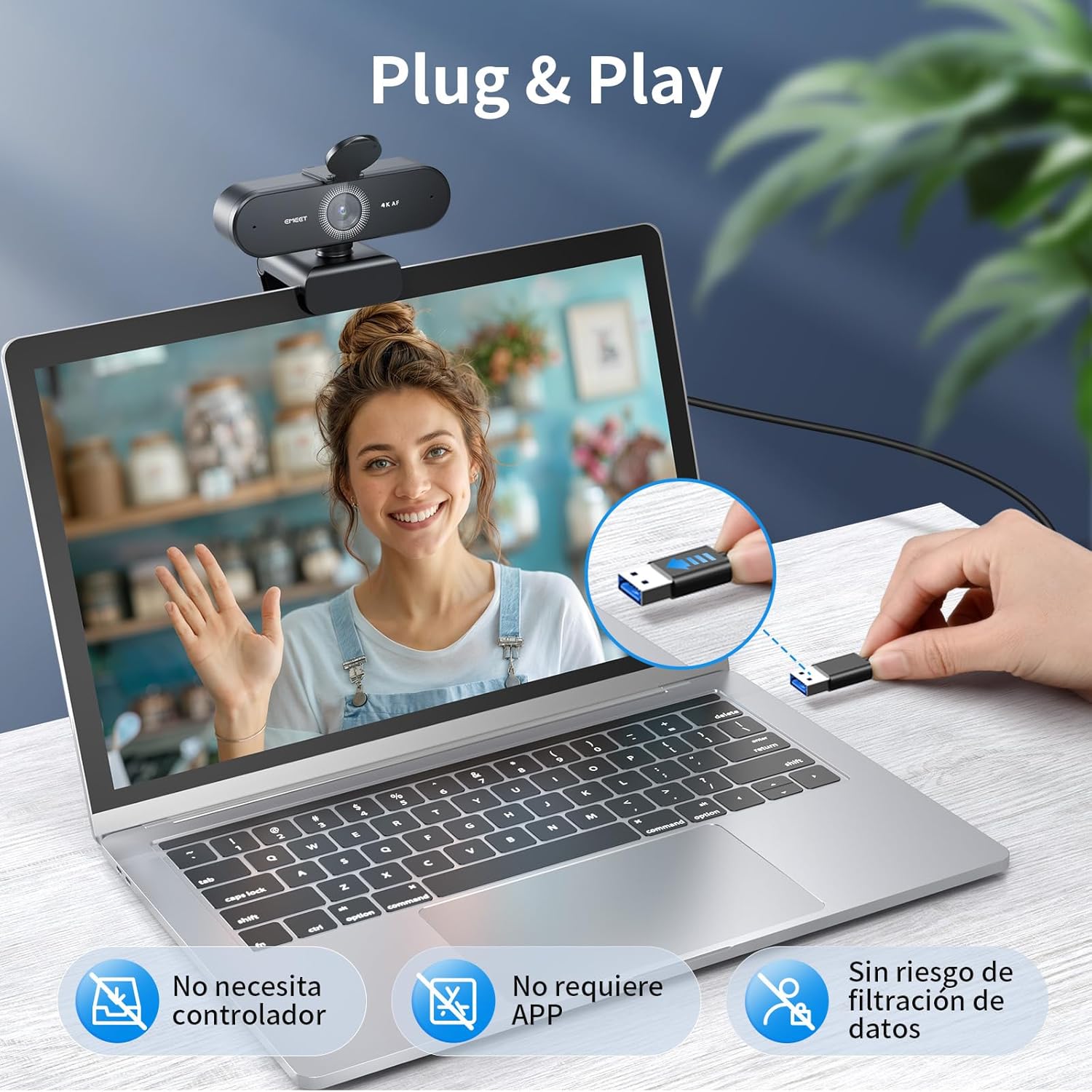 Webcam 4K con 2 micrófonos, cancelación de ruido, cámara Ultra HD 73°, PDAF
