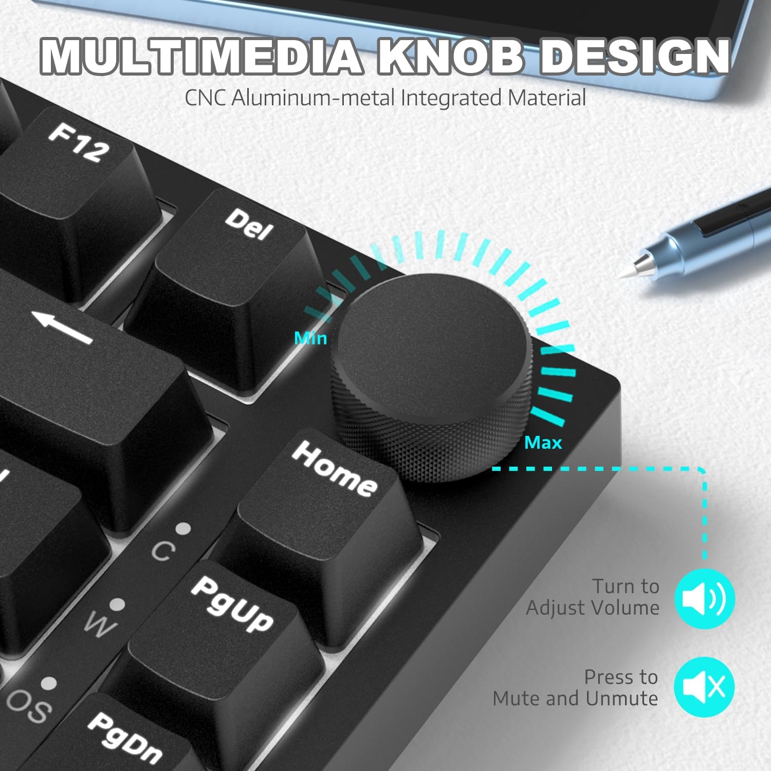 Teclado AJAZZ AK820 75%, Teclado mecánico con cable, 82 teclas con perilla de volumen, iluminación RGB blanca