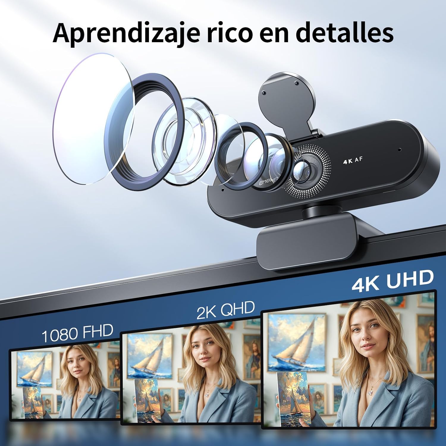 Webcam 4K con 2 micrófonos, cancelación de ruido, cámara Ultra HD 73°, PDAF