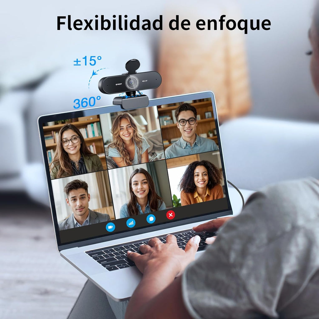 Webcam 4K con 2 micrófonos, cancelación de ruido, cámara Ultra HD 73°, PDAF