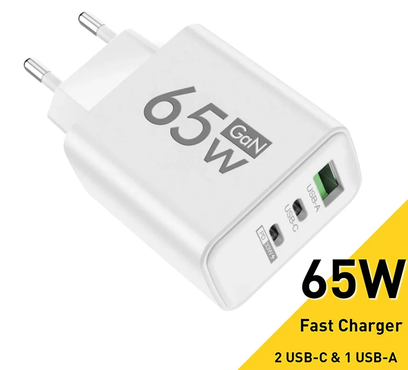 Enchufe USB 3 puertos, 65W, 2 puertos USB-C, 1 USB-A, múltiple carga simultanea, carga rápida