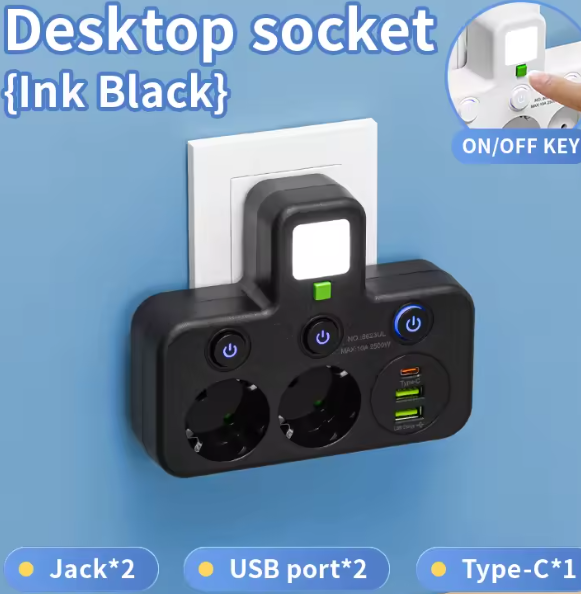 Regleta de pared, enchufe europeo, sin cable, 2 puertos USB, 1 tipo C, alimentación máxima de 2500W