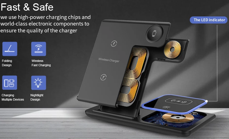 Estación de carga inalámbrica plegable 3 en 1 de 200W, para Apple y Android
