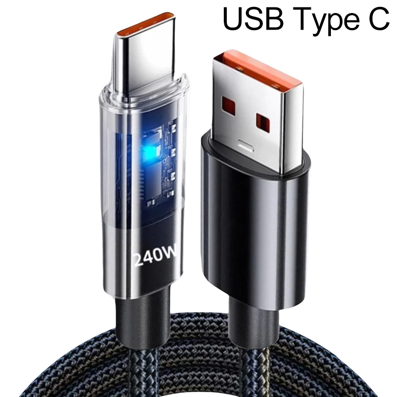 Cable de carga, USB-C, pantalla Digital LED, Carga rápida de 240W, negro