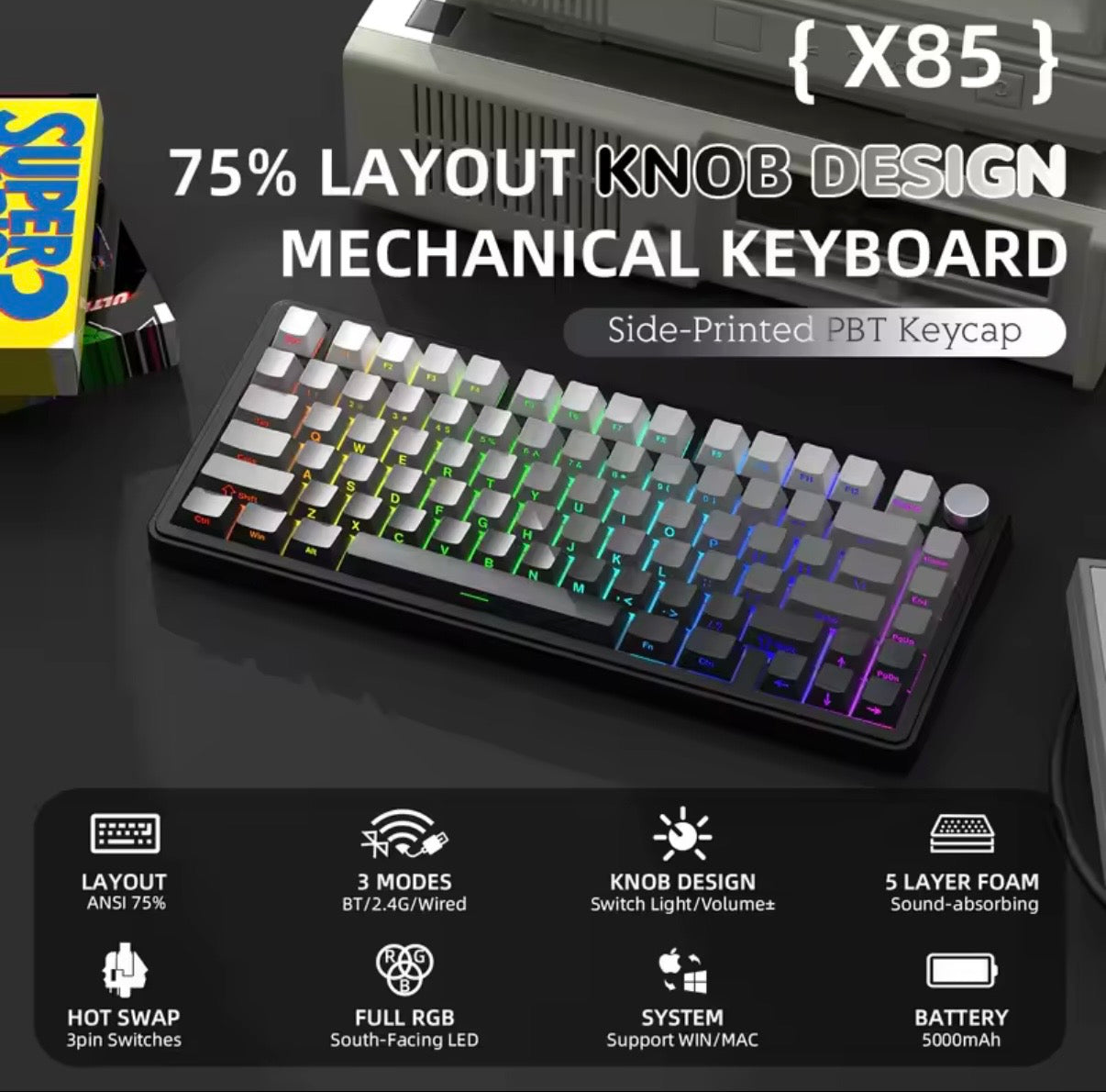 Teclado mecánico inalámbrico, Attack Shark X85, iluminación RGB,perilla de volumen, conexión Bluetooth, 2.4G