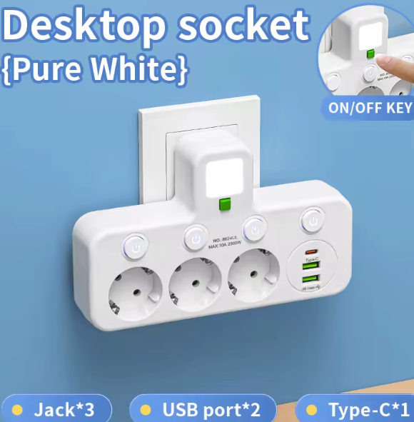 Regleta de pared, enchufe europeo, sin cable, 2 puertos USB, 1 tipo C, alimentación máxima de 2500W