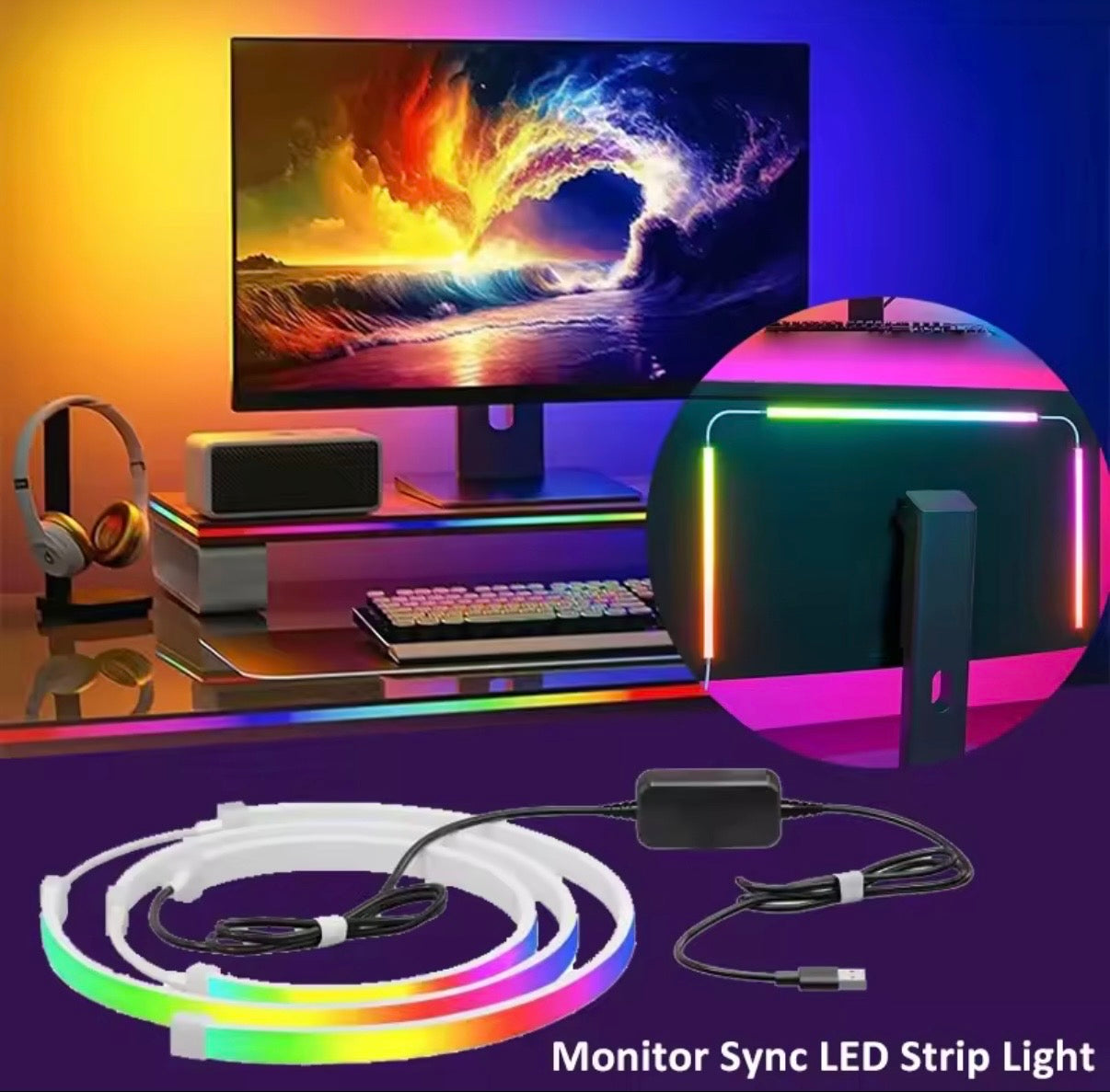 Tira LED para monitores con sincronización de música, hasta 34 pulgadas