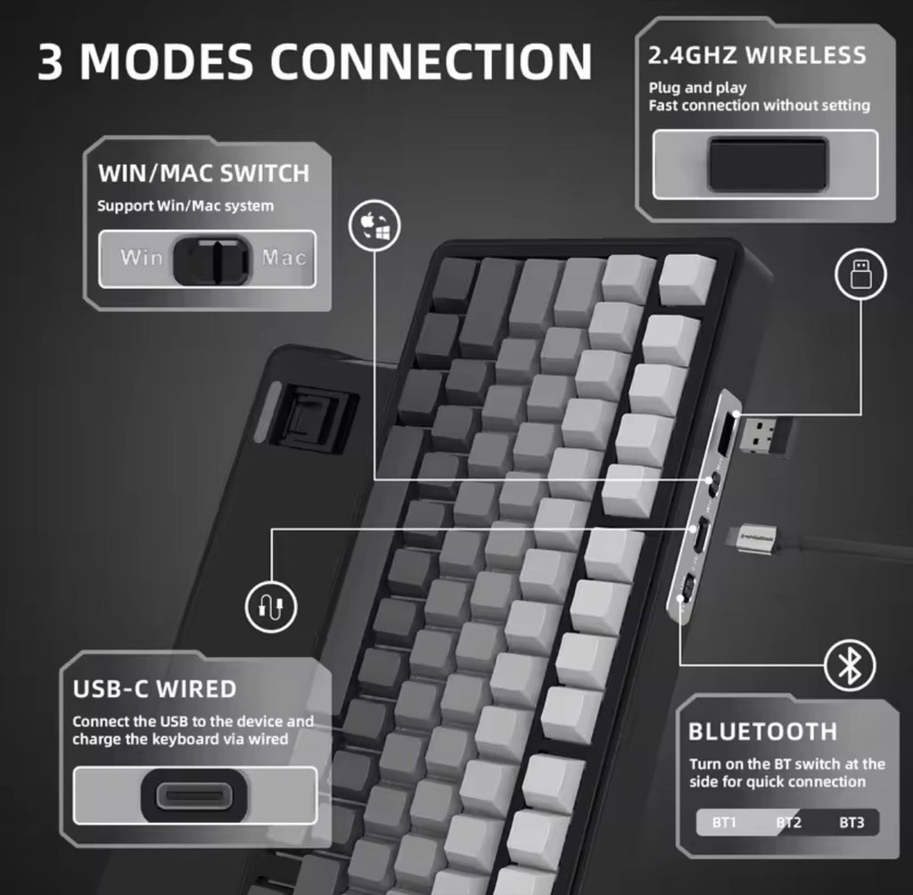 Teclado mecánico inalámbrico, Attack Shark X85, iluminación RGB,perilla de volumen, conexión Bluetooth, 2.4G