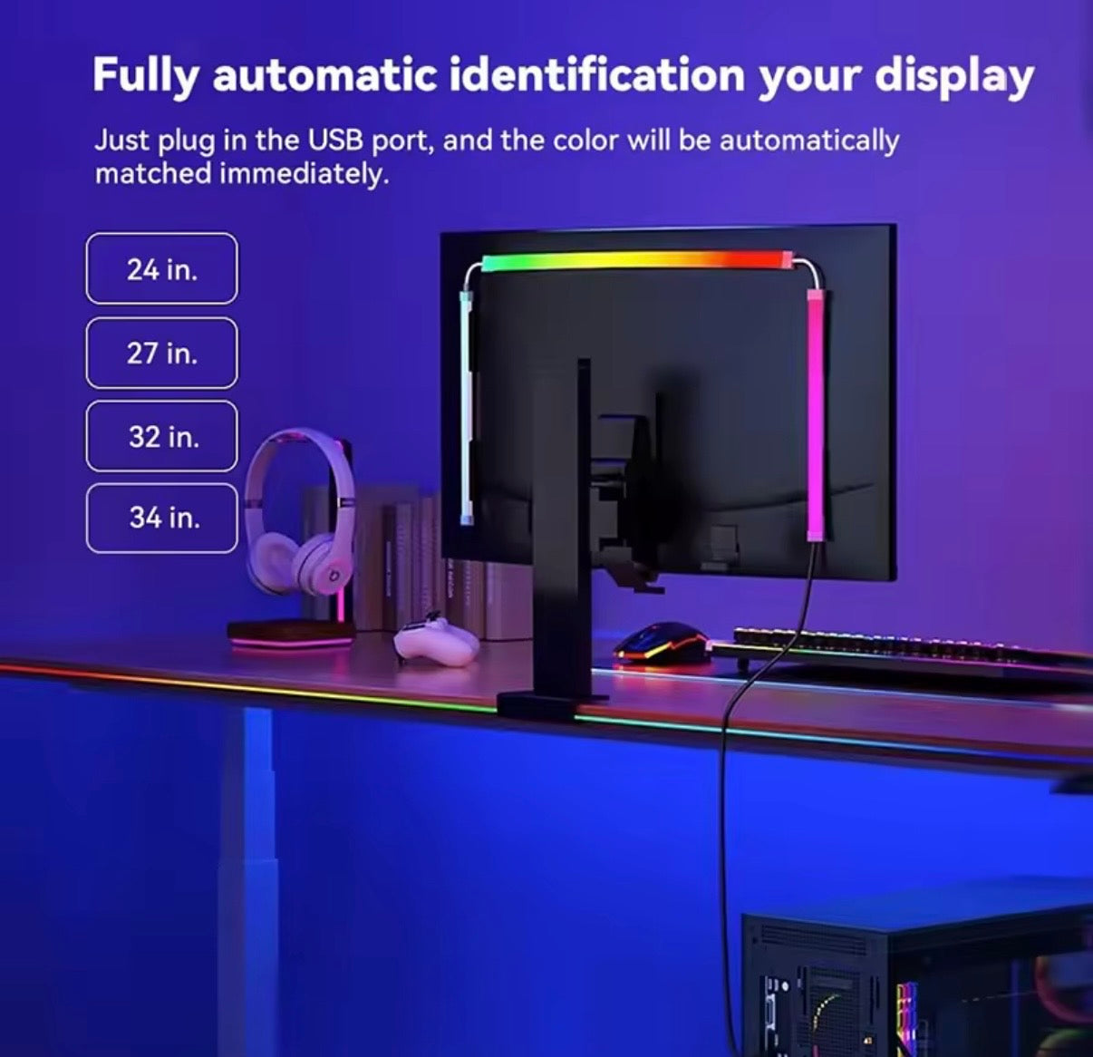 Tira LED para monitores con sincronización de música, hasta 34 pulgadas