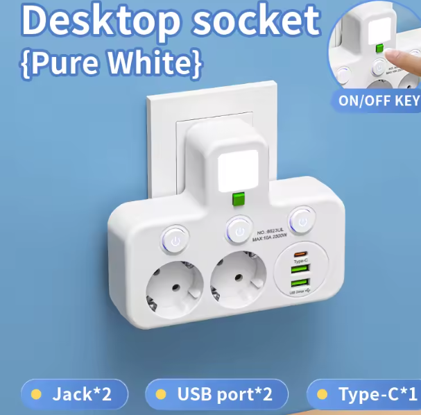 Regleta de pared, enchufe europeo, sin cable, 2 puertos USB, 1 tipo C, alimentación máxima de 2500W