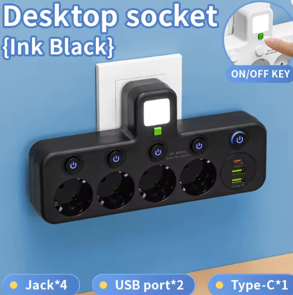 Regleta de pared, enchufe europeo, sin cable, 2 puertos USB, 1 tipo C, alimentación máxima de 2500W