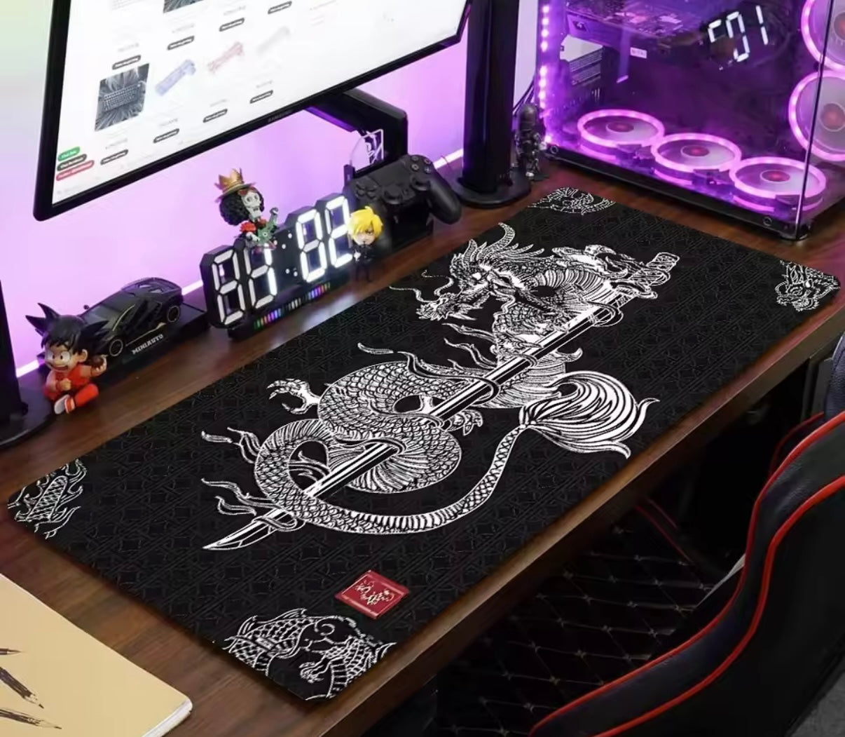 Alfombrilla XXL estilo de dragón asiático, blanco y negro