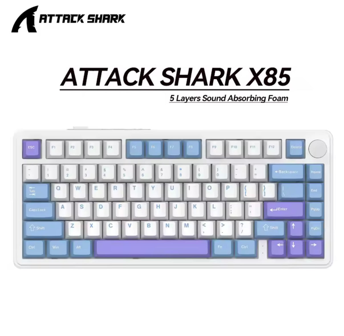 Teclado mecánico inalámbrico, Attack Shark X85, iluminación RGB,perilla de volumen, conexión Bluetooth, 2.4G
